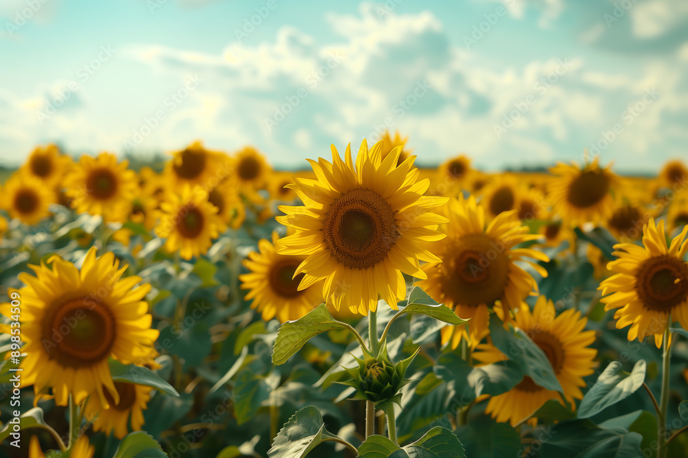 A field of yellow sunflowers with a blue sky in the background A field of yellow sunflowers with a blue sky in the background