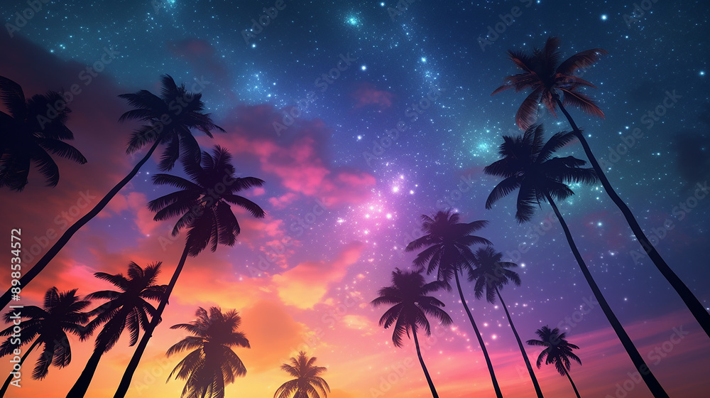 Obraz premium Tropical Twilight Elegance: Palm Silhouettes and Starry Sky