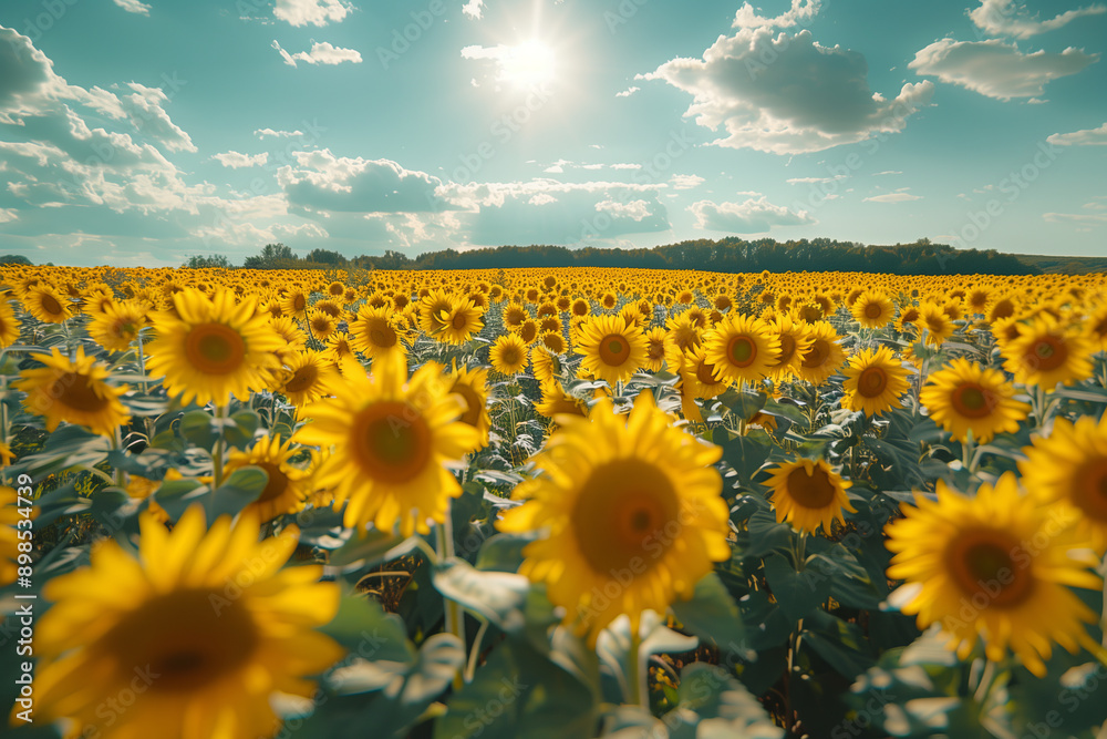 Fototapeta premium A field of yellow sunflowers with a blue sky in the background