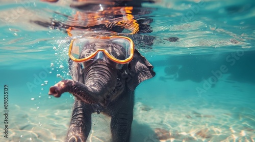 A young elephant wearing a snorkel mask, swims underwater in a tropical lagoon. The clear blue water and the elephant's playful expression create a sense of wonder and joy. This image symbolizes adven photo