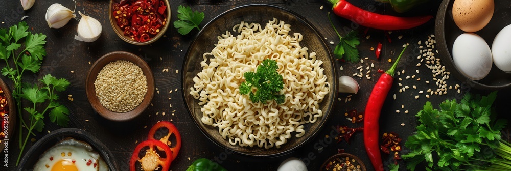 A bowl of instant noodles is surrounded by fresh ingredients, including herbs, peppers, eggs, and vegetables, on a kitchen table. Generative AI A bowl of instant noodles is surrounded by fresh ingredients, including herbs, peppers, eggs, and vegetables, on a kitchen table. Generative AI