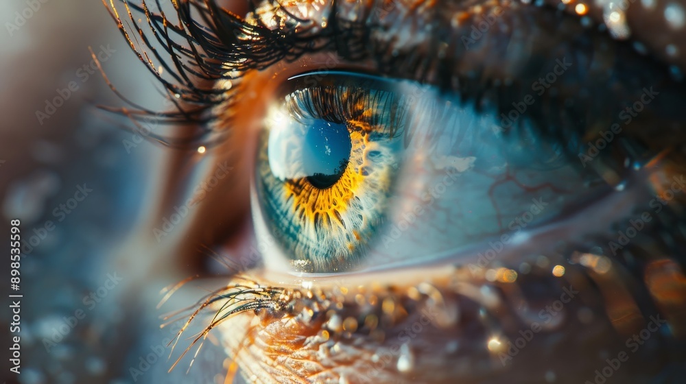 A detailed macro shot of a human eye, capturing the intricate details of the iris, pupil, and eyelashes. The eye is reflecting light, creating a beautiful sparkle. The image symbolizes beauty, percept