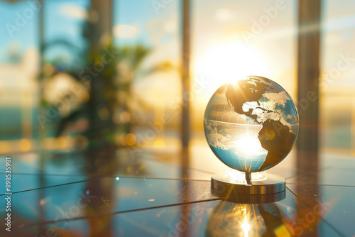 A glass globe on top of a table with direct light and reflect