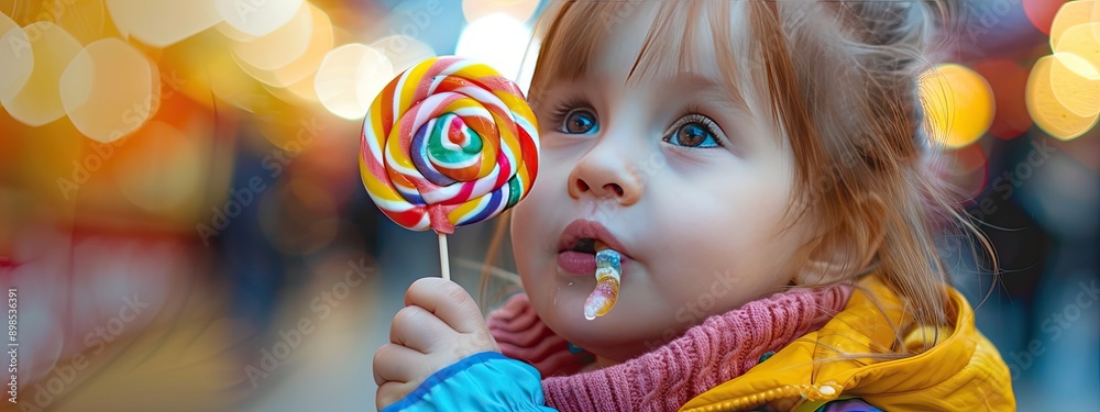 a small child eats a lollipop on a stick. Selective focus a small child eats a lollipop on a stick. Selective focus