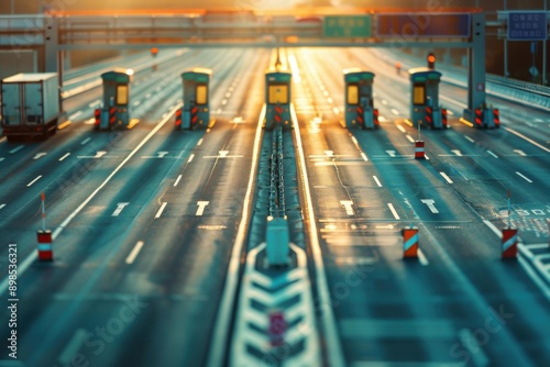 Empty Highway Toll Booths at Sunset - Transportation and Infrastructure Concept