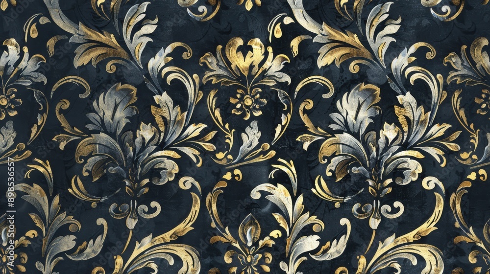 A repeating pattern of ornate floral designs in gold and silver against a dark background A repeating pattern of ornate floral designs in gold and silver against a dark background