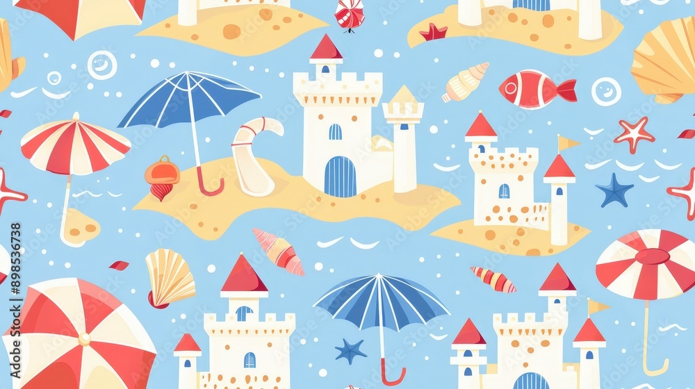 A repeating pattern featuring white sandcastles, red and white striped umbrellas, blue umbrellas, seashells, starfish, and a red fish on a light blue background A repeating pattern featuring white sandcastles, red and white striped umbrellas, blue umbrellas, seashells, starfish, and a red fish on a light blue background