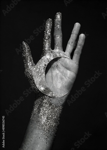 Black and white photography of hand with moon shaped glitter tattoo reaching for the stars, celestial aesthetic, cosmic, dark background, glittery