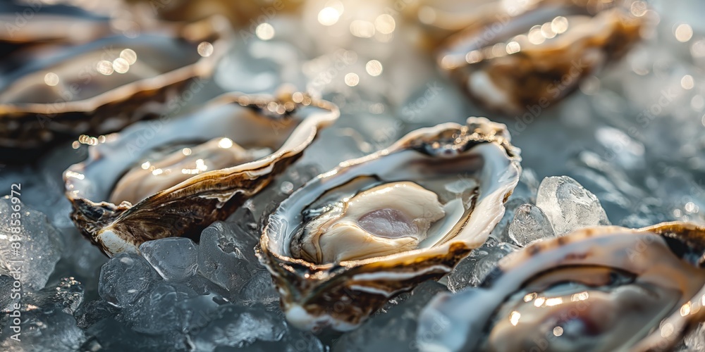 Top view close up fresh oyster on ice with warm light, gourmet seafood background Top view close up fresh oyster on ice with warm light, gourmet seafood background