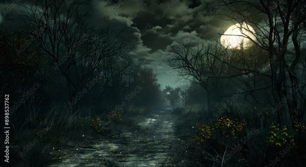 A dark forest with a moon in the sky. The moon is large and bright, illuminating the path through the woods. Scene is eerie and mysterious, as the darkness of the forest
