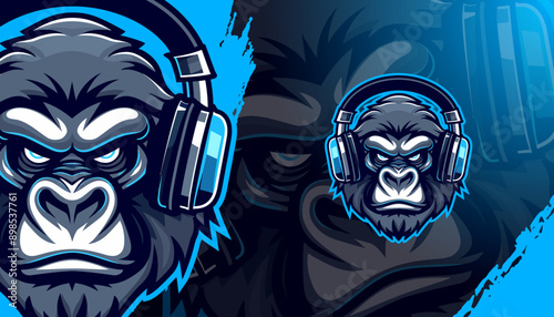 Gamer Ape with headset mascot logo for Sport and E-Sport Gaming Teams. Gorilla monkey ape streamer logo