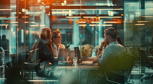 A group of people are sitting around a table in a room with a potted plant in the middle. They are all working on laptops and seem to be discussing something. The atmosphere is focused