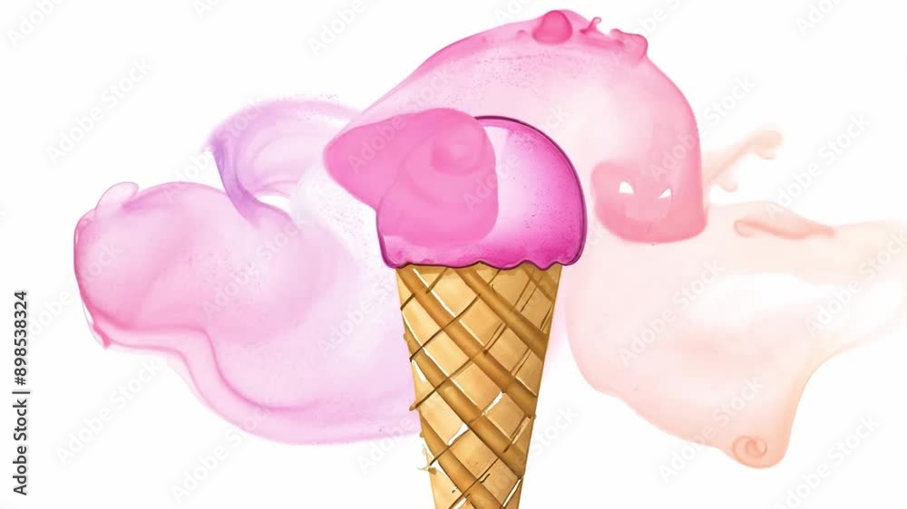 A single pink ice cream cone sits against a watercolor background of pink and orange splatter. A single pink ice cream cone sits against a watercolor background of pink and orange splatter.