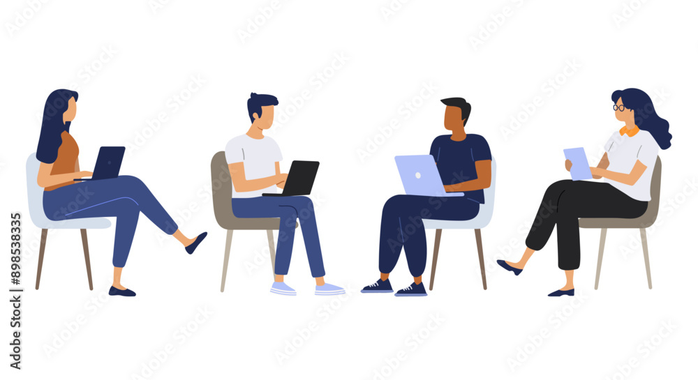 Set of isolated people with computers. Men and women with laptops sitting, online business communication. Office life of business people. Flat illustration Set of isolated people with computers. Men and women with laptops sitting, online business communication. Office life of business people. Flat illustration
