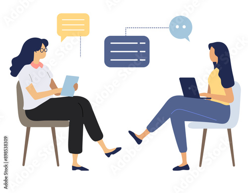 Two girls work together and discuss their tasks in front of their gadgets. Flat style vector illustration. Business people.