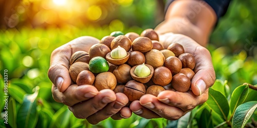 A handful of macadamia nuts that freshly harvested from the garden Generative By AI photo