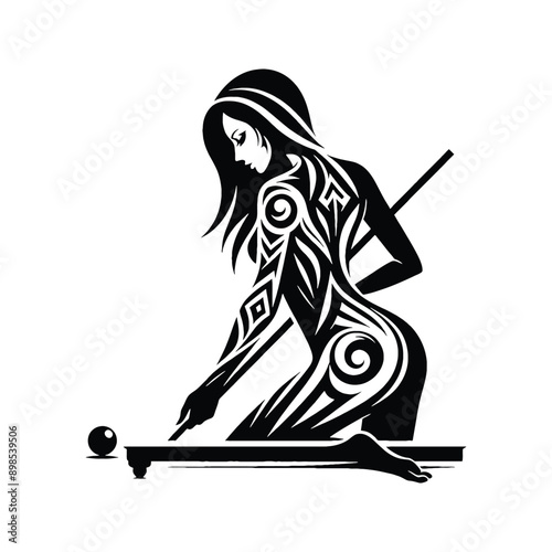 Billiards, Snooker  female player in ethnic tribal pattern illustration, emblem shield badge