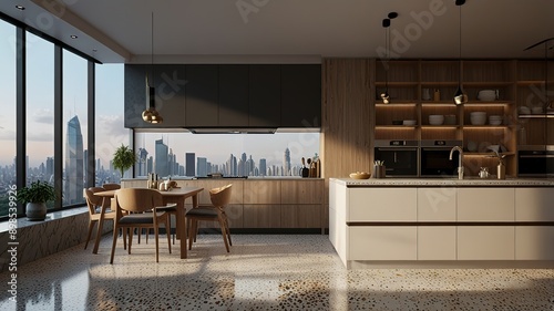 Modern style luxury interior with city view 3d render, There are terrazzo floor decorated wall with hidden light