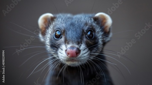 Curious ferret with wide eyes and perked ears looks directly at the camera against a brown background, exuding alertness and playfulness © ProVector