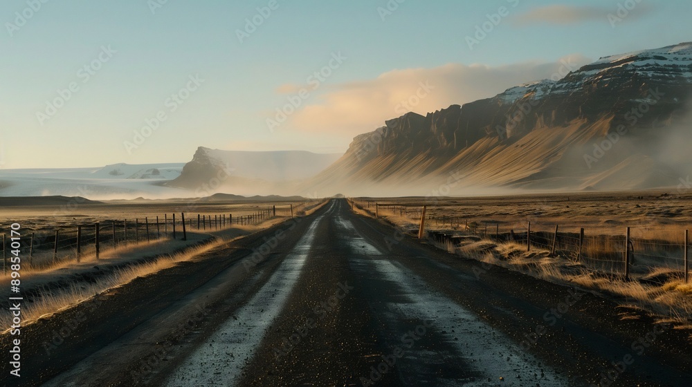 Empty Road Leading Through Misty Icelandic Landscape Empty Road Leading Through Misty Icelandic Landscape