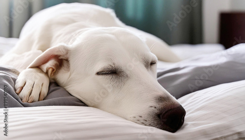 White dog resting on a bed, eyes closed.
