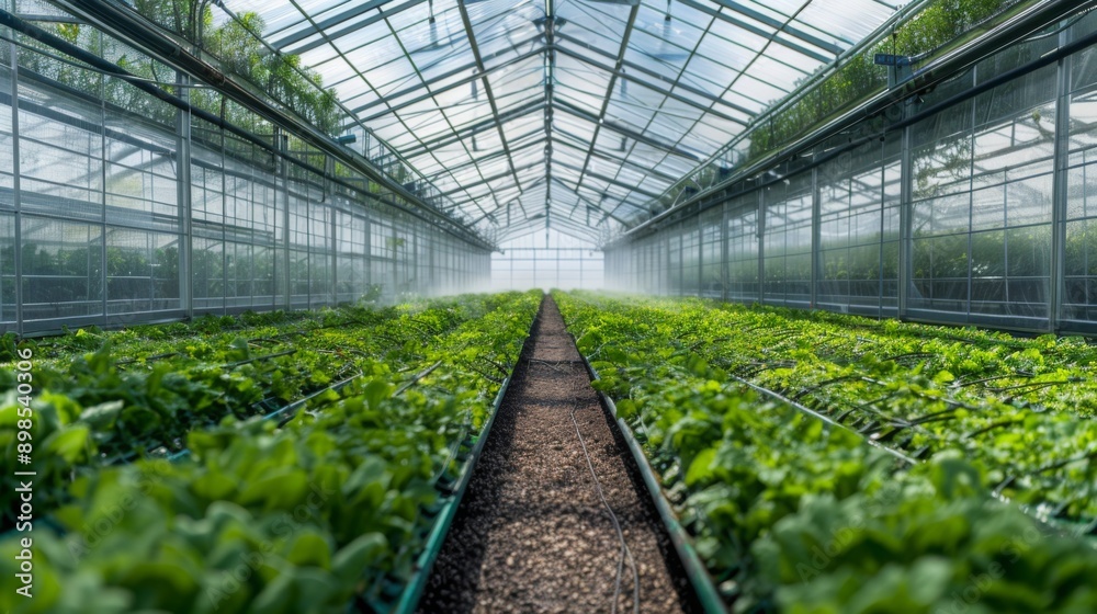 A long, straight path runs through the middle of a greenhouse, flanked by rows of green plants. A long, straight path runs through the middle of a greenhouse, flanked by rows of green plants.