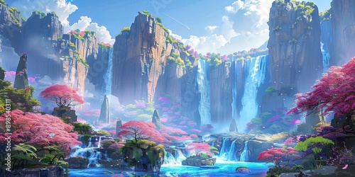 oil painting style artful illustration, elegance breathtaking beautiful waterfall with flower blossom forest 