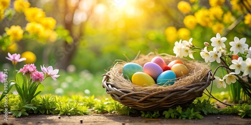 easter eggs in a nest and flowers in the garden Creative AI