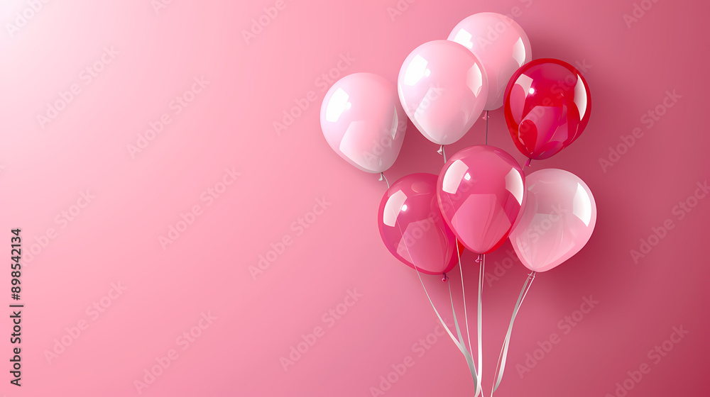 A cheerful bunch of pink and red balloons against a gradient pink background, perfect for celebrations and parties. A cheerful bunch of pink and red balloons against a gradient pink background, perfect for celebrations and parties.