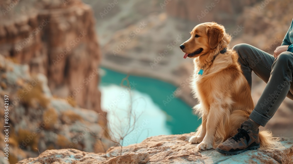 Obraz premium Hiking with a Golden Retriever dog in the wilderness / Southwest USA / Lake Havasu