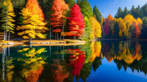 Vibrant trees mirrored in serene lake, creating a stunning natural reflection