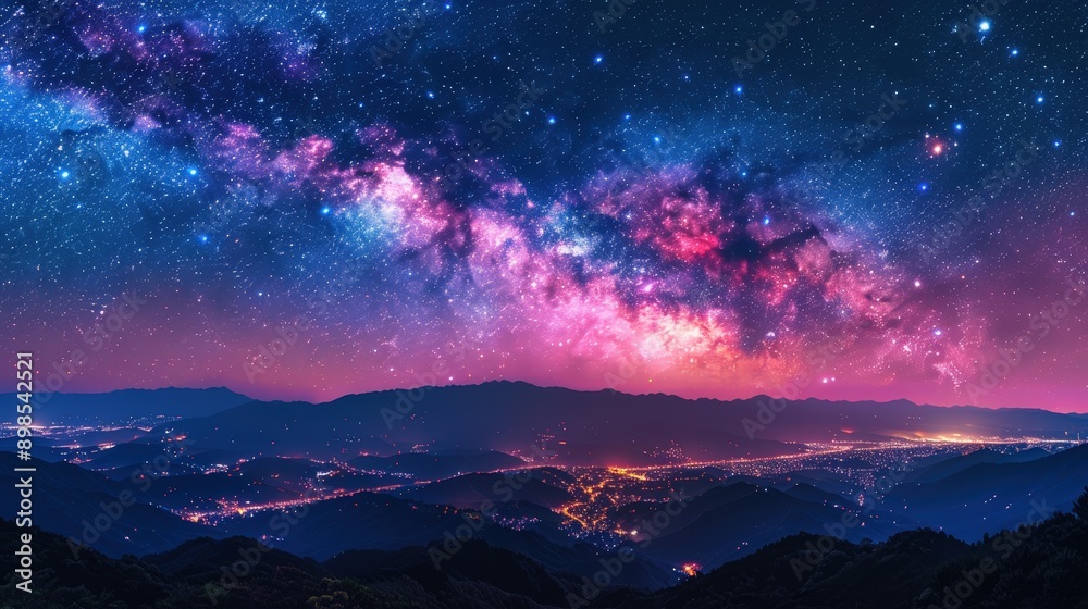 Naklejka premium Breathtaking Starry Night Sky over Illuminated Mountain Valley Landscape