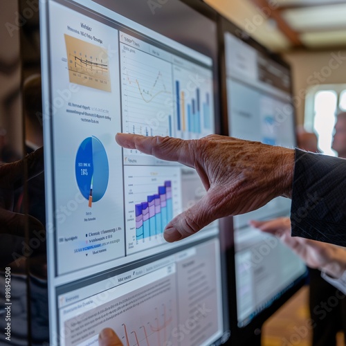 businessman pointing to a data and its graph 