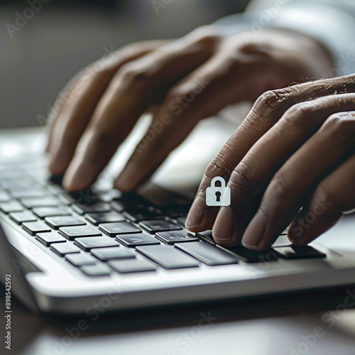 Detailed view of hands typing on a keyboard with lock icon 
