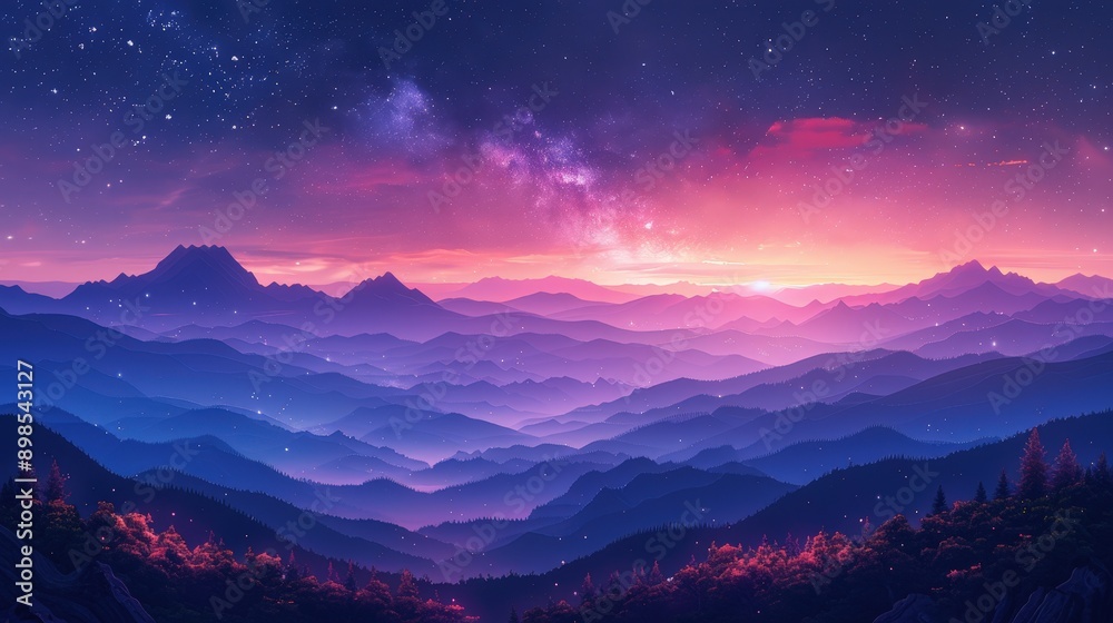 Majestic Mountainscape at Twilight: Layers of Vibrant Hues and Twinkling Stars Majestic Mountainscape at Twilight: Layers of Vibrant Hues and Twinkling Stars