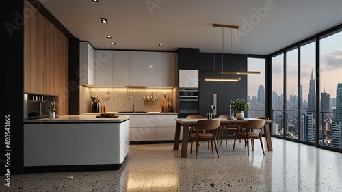 Modern style luxury interior with city view 3d render, There are terrazzo floor decorated wall with hidden light