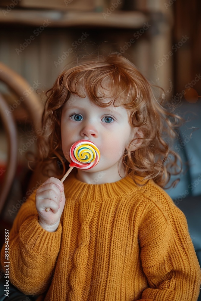 a small child eats a lollipop on a stick. Selective focus