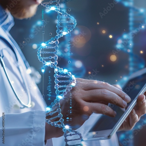 doctor touching a electronic medial record , blue prink of  medial .