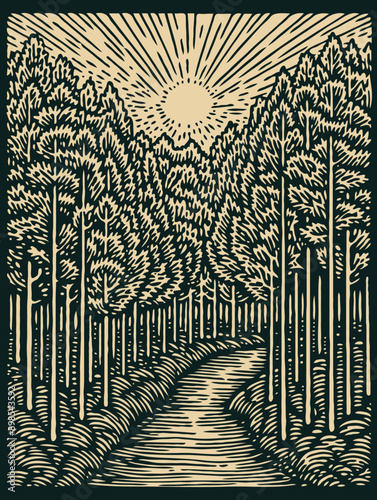 Linocut forest landscape design