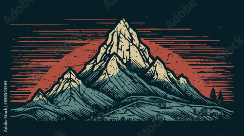 Linocut mountains landscape vector design