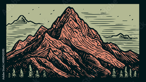 Linocut mountains landscape vector design