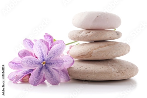 Spa Spa Spa Spa stones and lilac flower isolated on white background. Spa Spa