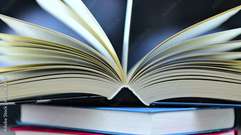 An open book lying on a stack of other books