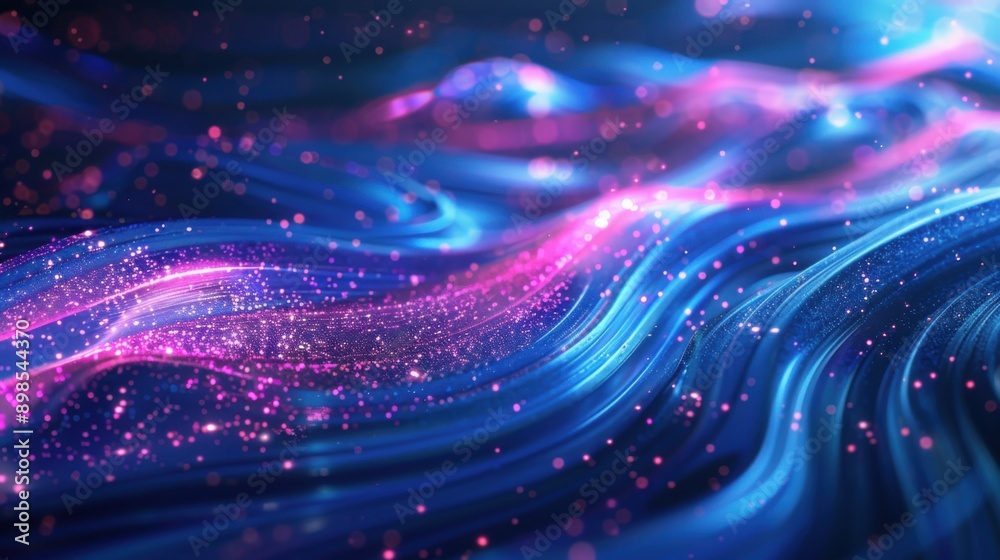 Obraz premium Abstract digital waves with glowing pink and blue particles on a dark background, showcasing vibrant and fluid motion in a cyberspace theme.