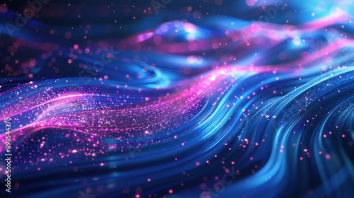 Abstract digital waves with glowing pink and blue particles on a dark background, showcasing vibrant and fluid motion in a cyberspace theme.