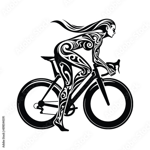 Cycling  female player in ethnic tribal pattern illustration, emblem shield badge