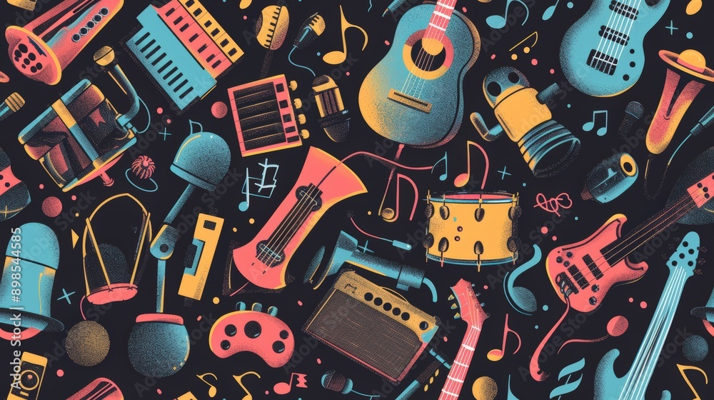A repeating pattern with various musical instruments and music notes on a dark background A repeating pattern with various musical instruments and music notes on a dark background