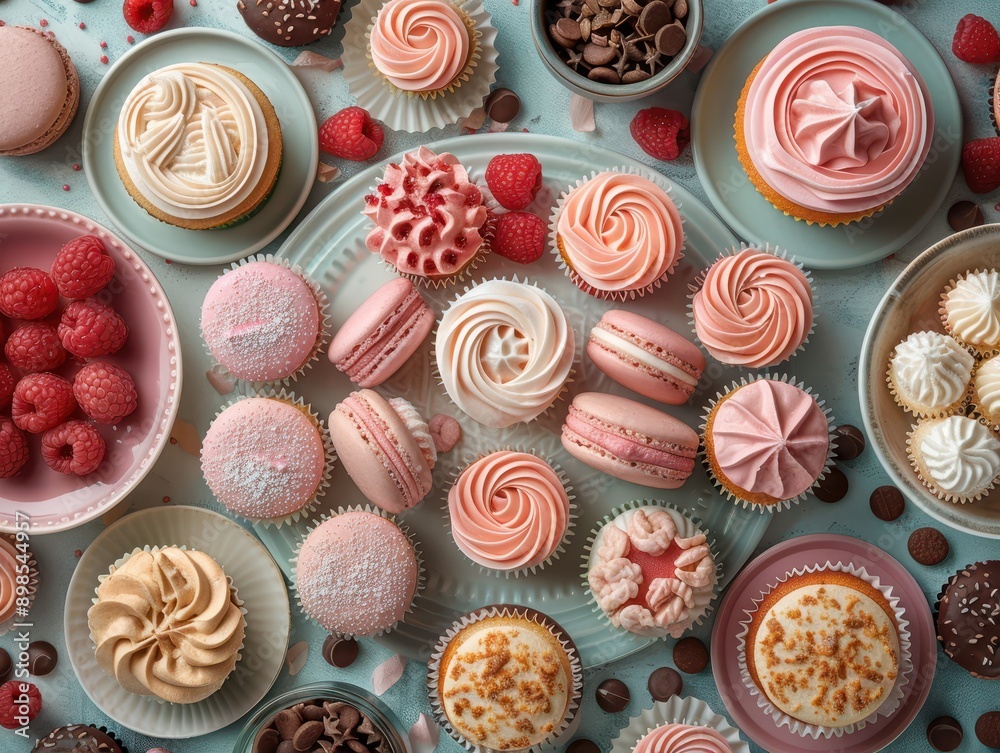 Sweet Indulgence - Top-Down View of a Lavish Dessert Table with Cupcakes, Macarons, and Cookies on Elegant Plates Sweet Indulgence - Top-Down View of a Lavish Dessert Table with Cupcakes, Macarons, and Cookies on Elegant Plates