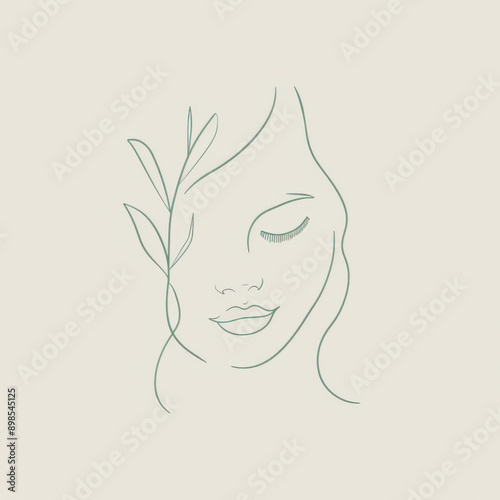 Girl with leaves in light green color. Logo for spa salon. Simple modern illustration.