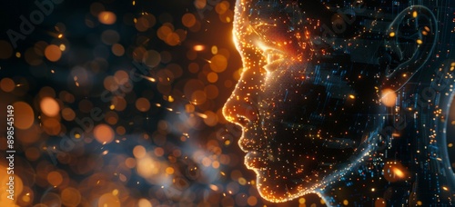 Abstract Digital Human Portrait With Glowing Particles and Blue Smoke
